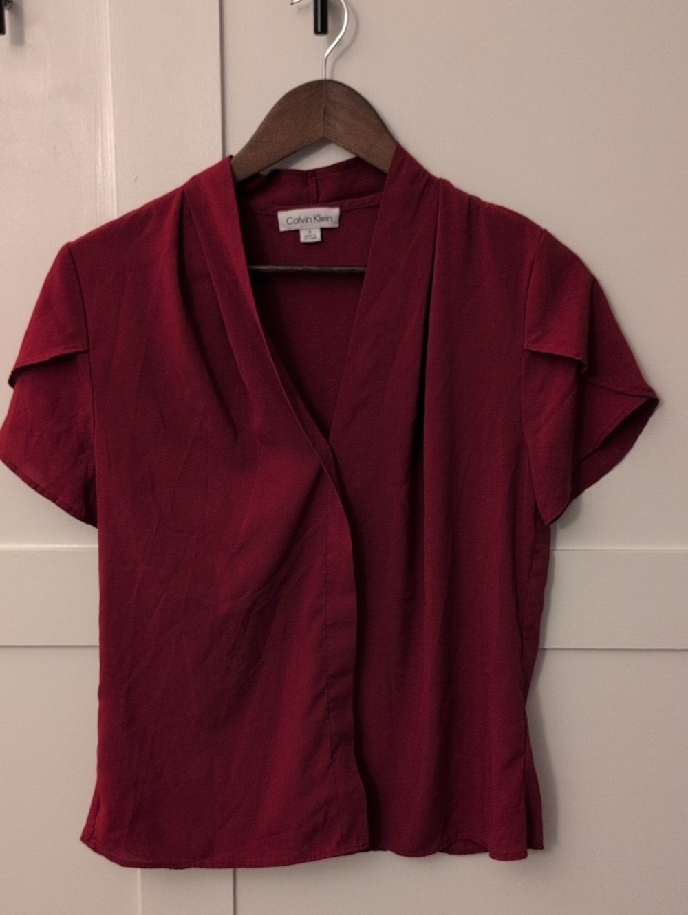 Calvin Klein Deep Wine Short Sleeve Faux Wrap Blouse